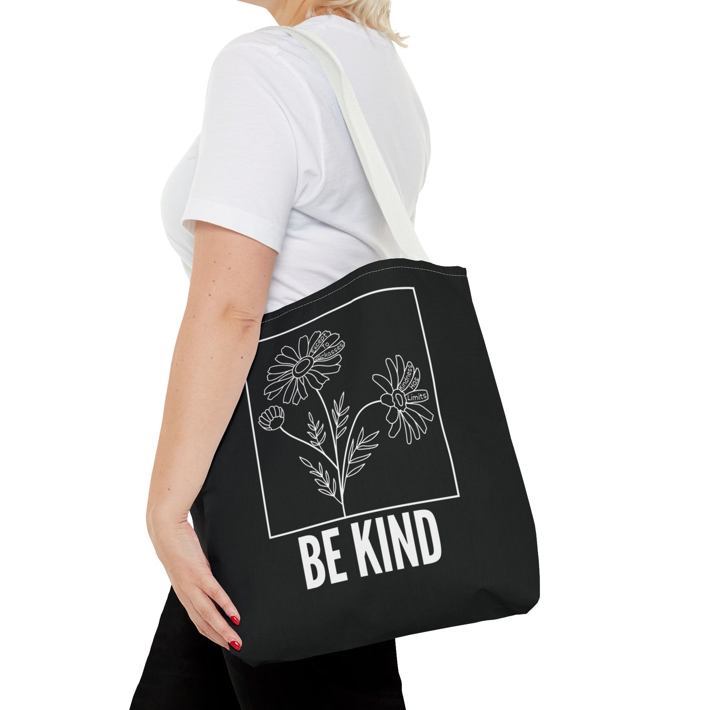 "Be Kind" Minimalist Floral Tote Bag - 3 Sizes - Black