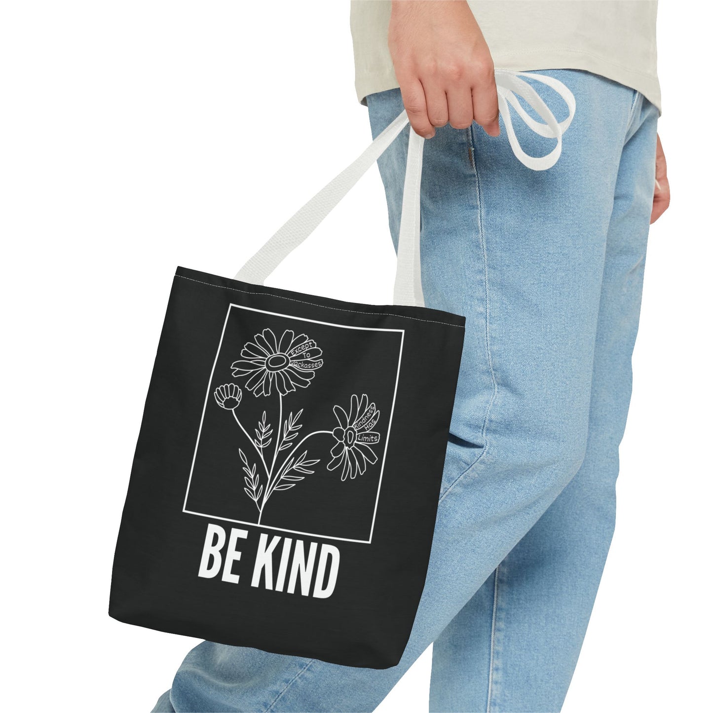 "Be Kind" Minimalist Floral Tote Bag - 3 Sizes - Black
