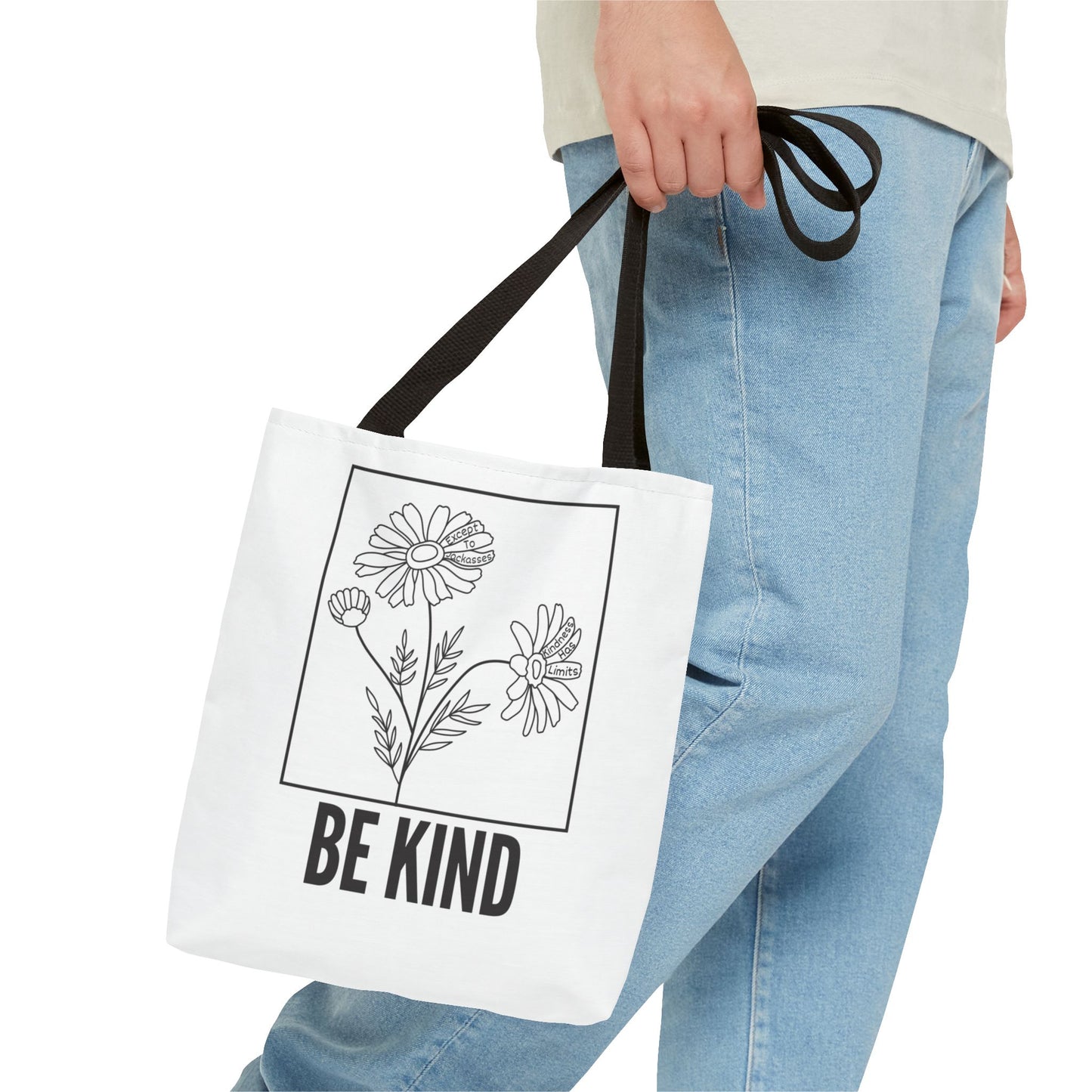 "Be Kind" Minimalist Floral Tote Bag – White - 3 Sizes - White