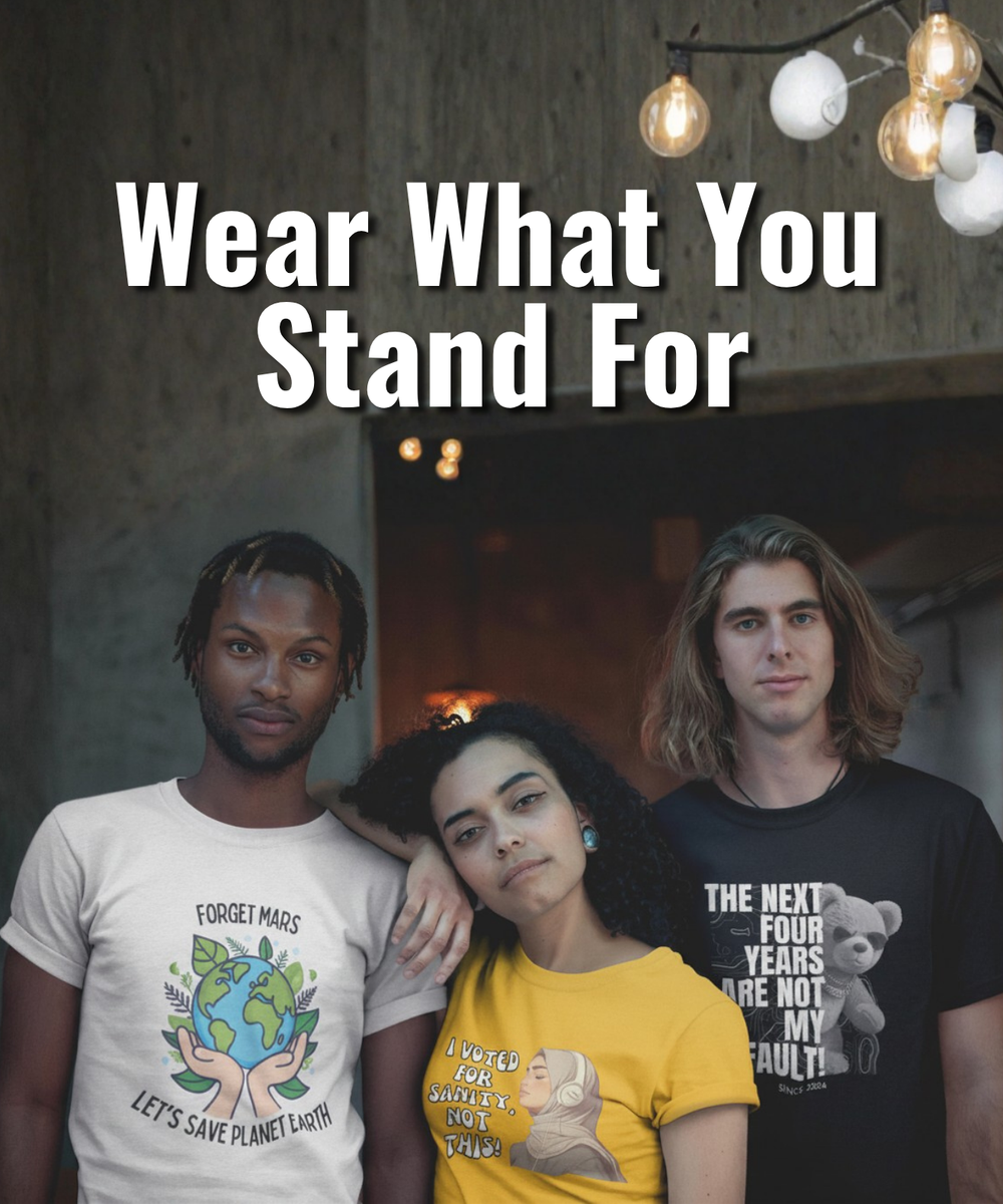 Three young adults standing together indoors wearing graphic T-shirts with environmental slogans and Earth illustrations. Large overlaid text reads 'Wear What You Stand For' at the top.